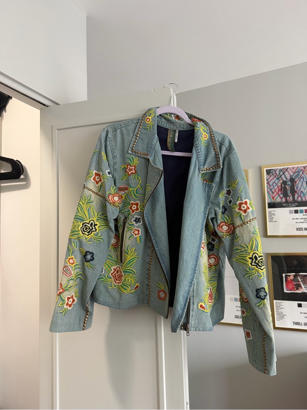 Aratta Embroidered Denim Moto Jacket XL Floral Studded NWT